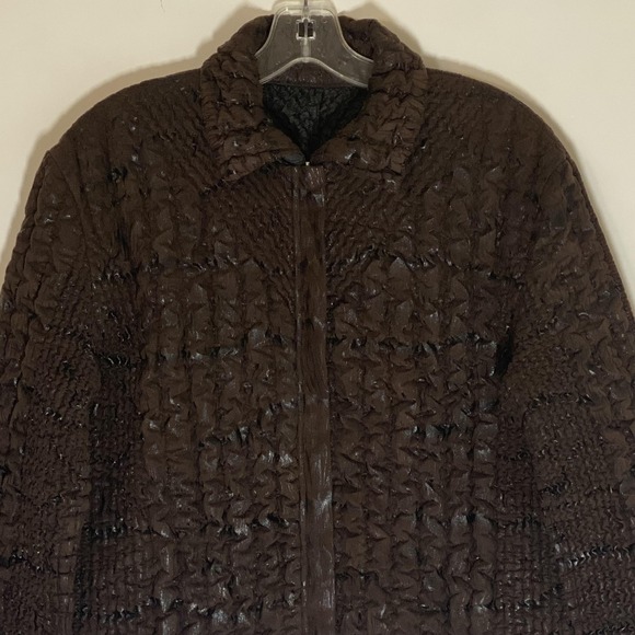 UBU Jacket Womens PL Brown Crinkle Quilted Textured Full Zip Collared Petite - Picture 2 of 16